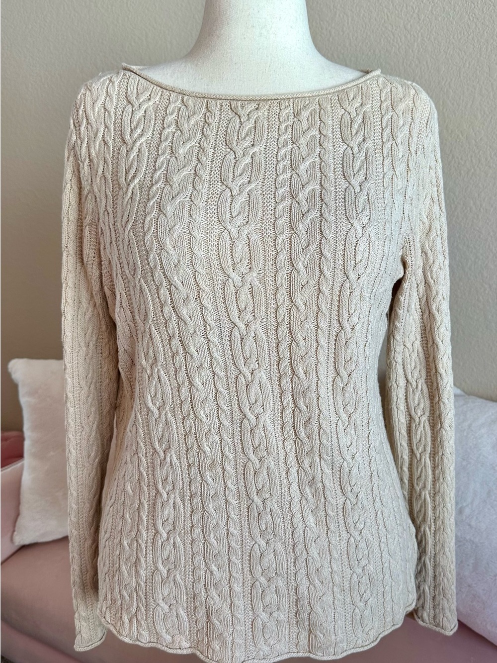 Vintage Lauren Ralph Lauren Cable Knit Sweater Beige Women’s 100% Cotton Preppy